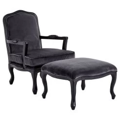 Rococo Grey Velvet Chair & Footstool